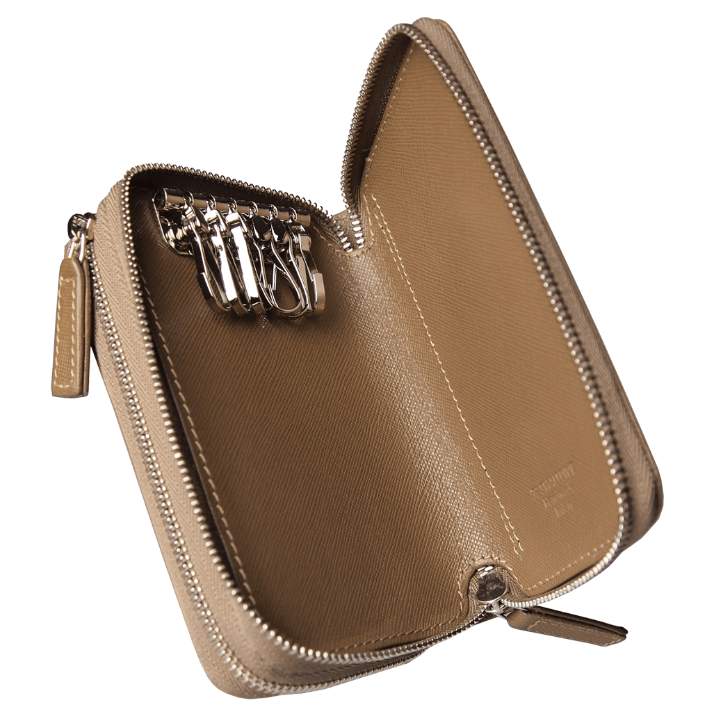 Schlüsseltasche aus Saffiano-Leder mit doppeltem Reißverschluss Taupe