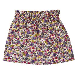 A floral print paperbag waist skirt in a vintage-inspired design. The skirt features a high waist, pleated detailing, and a vibrant floral pattern in shades of purple, yellow, and green. This handmade baby dress is available in sizes 86/92 through 110/116.
