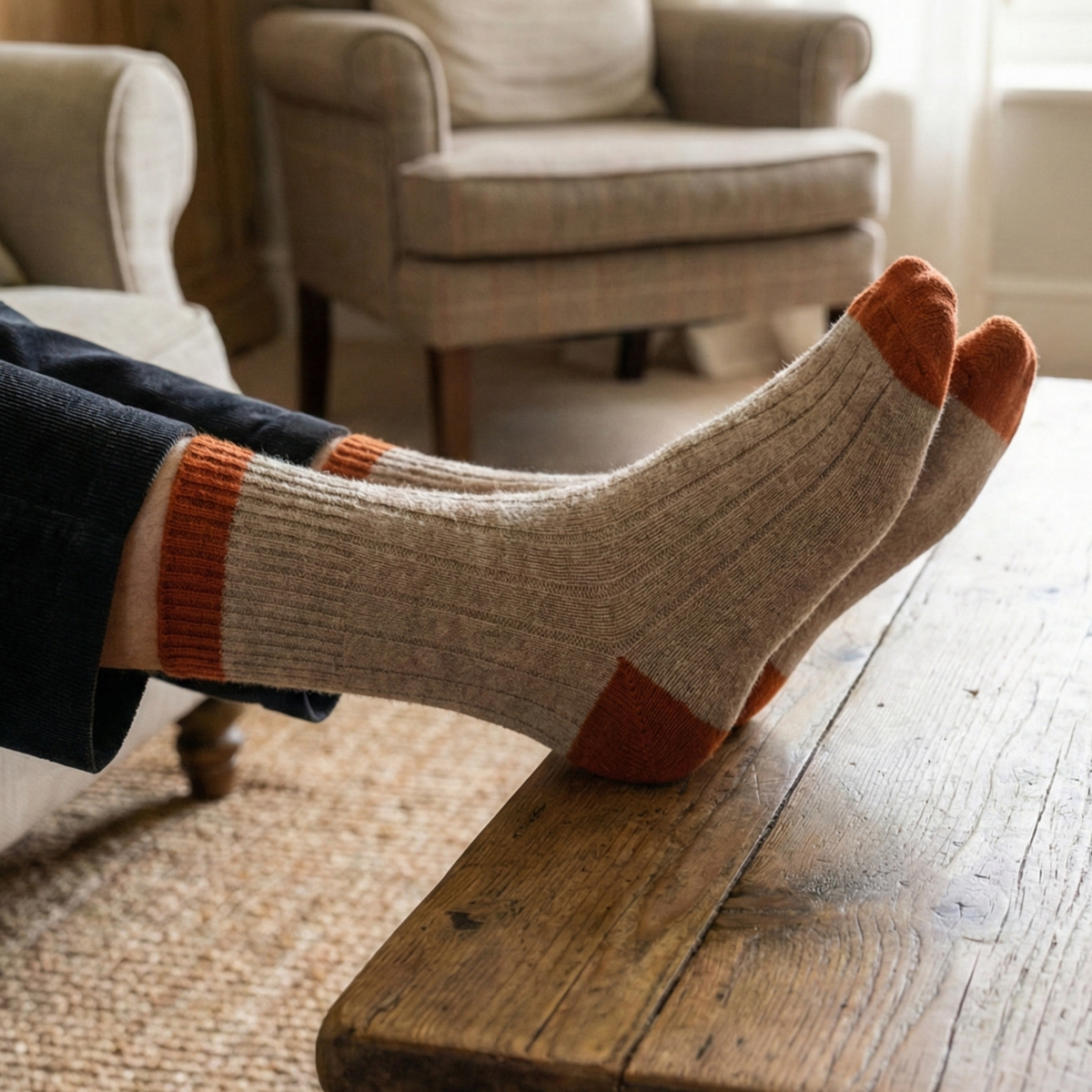 KLUE Socken aus Merinowolle mit Bändern | Beige und Orange