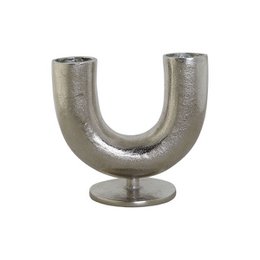 Silver aluminum vase with a curved, U-shaped design and a pedestal base. Measures 19 x 11 x 17 cm.