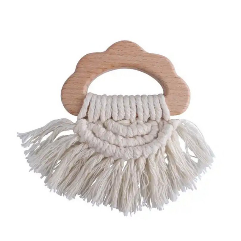 Doux et dur | Anneau de dentition BOHO en bois et coton | ÉCRU