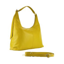 RB1017AR | Soft women's shoulder bag in genuine leather Made in Italy with single handle and removable shoulder strap. Attachments with shiny gold metal snap hooks - Mustard color - Dimensions: 36 x 40 x 13 cm