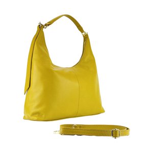 RB1017AR | Weiche Damen-Umhängetasche aus echtem Leder, hergestellt in Italien, mit Einzelgriff und abnehmbarem Schultergurt. Befestigungen mit goldglänzenden Karabinerhaken aus Metall – Senffarbe – Maße: 36 x 40 x 13 cm