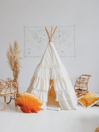Set „Shabby Chic“ Tipi mit Rüschen und Blättermatte „Weiß“.