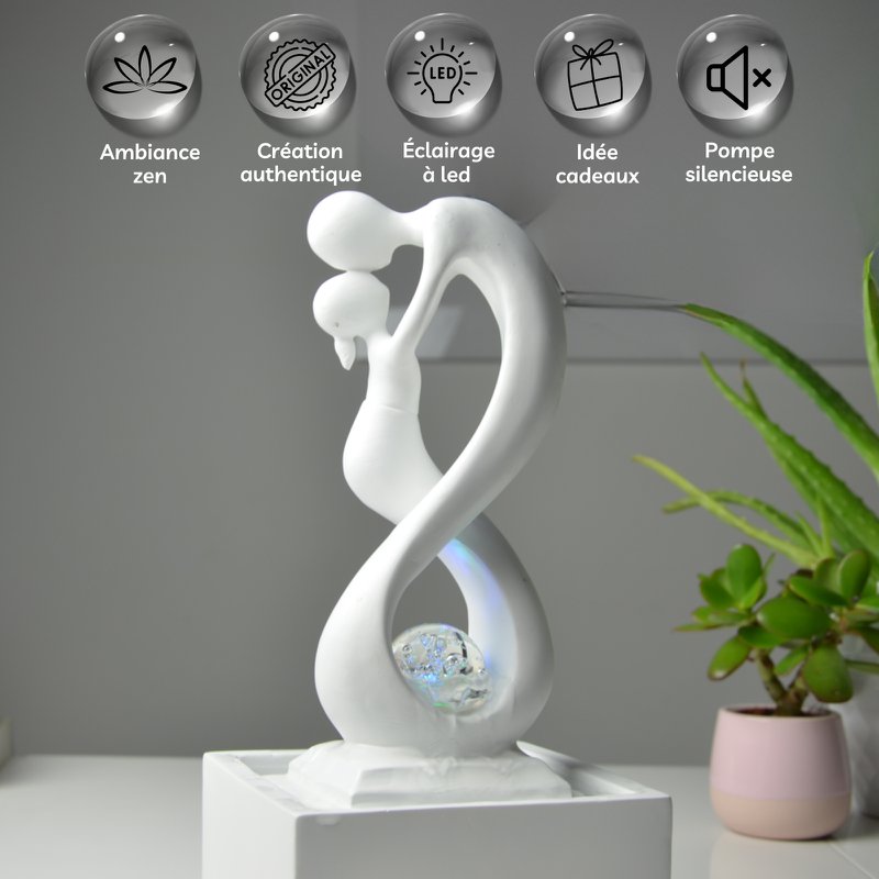 Indendørs springvand - Amor Hvid - Moderne med farverigt LED-lys - Aftagelig Lovers Skulptur - Moderne boligindretning - Roterende bold
