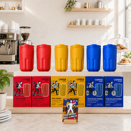 Colorful travel cups set red yellow blue, conversation starter collection, modern cylindrical design, coffee corner accessories.