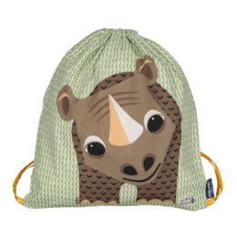 A green drawstring backpack with a cute rhinoceros design, featuring a textured pattern and brown accents. This kids' activity bag is perfect for carrying toys, snacks, or other essentials.