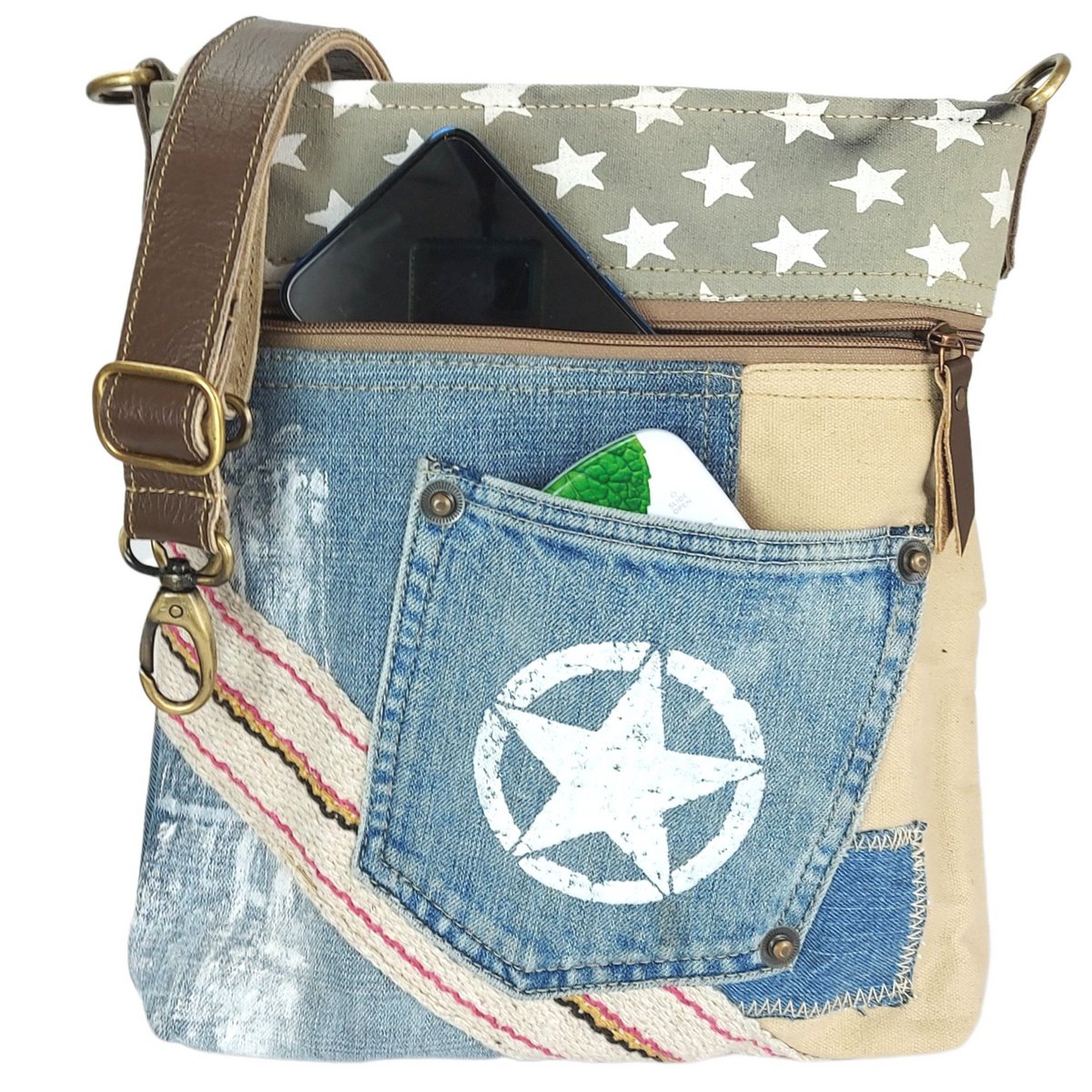 Sac bandoulière femme Sunsa. Sac réalisé en jeans et toile upcyclés. sac à bandoulière végétalien vintage. Petit sac croisé