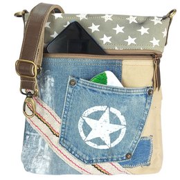 Sac bandoulière femme Sunsa. Sac réalisé en jeans et toile upcyclés. sac à bandoulière végétalien vintage. Petit sac croisé