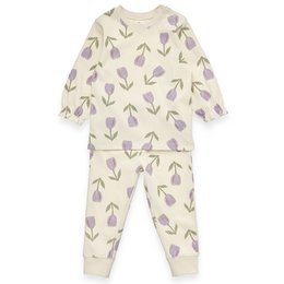 Beige pajama set with a drop needle texture and a tulip print pattern. The set includes a long-sleeved top and matching bottoms, suitable for kids.