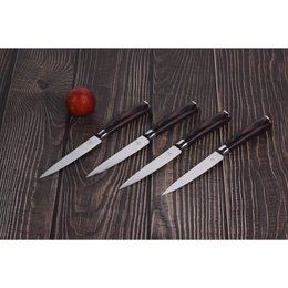 LAGUIOLE, sæt med 4 bøfknive, skarpe knive, udskæringsknive, bordbestik, klinge i rustfrit stål, Pakka træskaft, brun