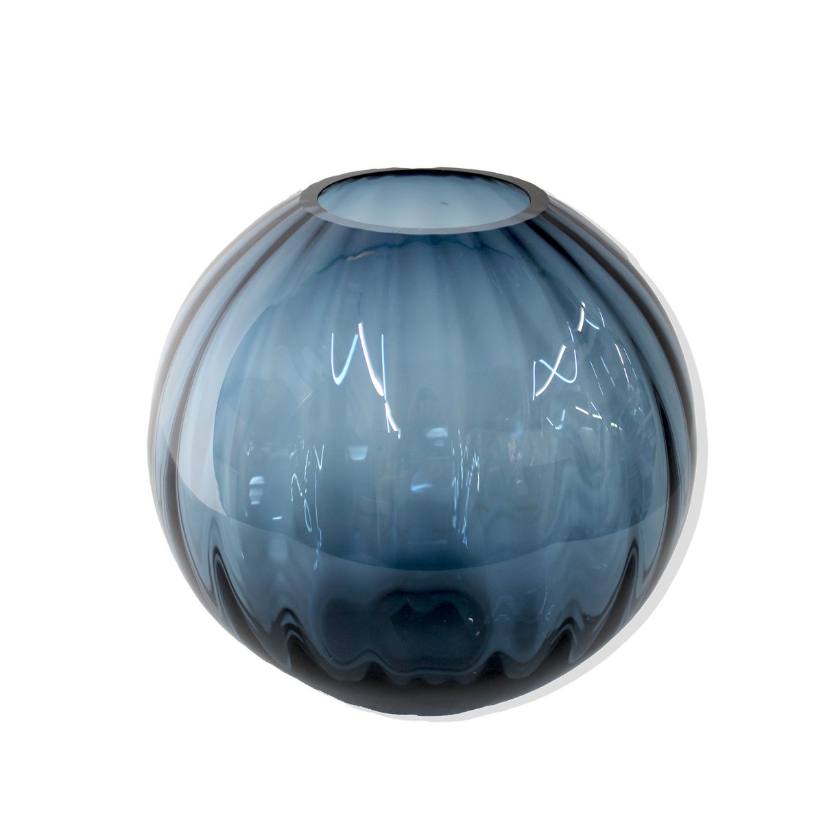 Glass vase round grooves blue vase glass handmade ball vase