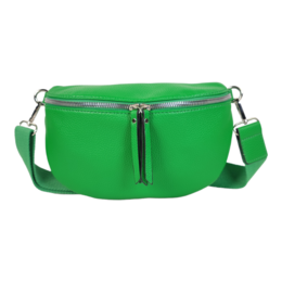 Bright green cross-body bag with a zipper closure and adjustable strap.