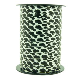 Cow print ribbon, 10 mm x 225 meters, green and black pattern, suitable for various craft and decorative projects.