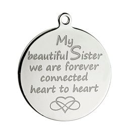 Silver-colored round pendant with the text "My beautiful Sister we are forever connected heart to heart" and the brand name "PINKIEZZ 316 STEEL".