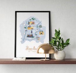 Colorful illustrated map of Haarlem, featuring landmarks and icons representing the city. Suitable for home decor or as a poster.