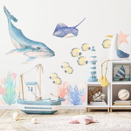 Colorful ocean-themed wall sticker featuring various marine animals like sharks, rays, and schools of fish. Suitable for decorating a kids' room or nursery.