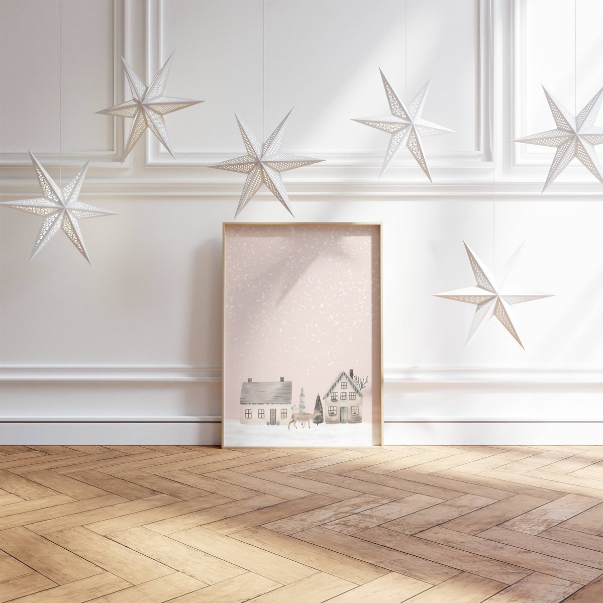 Scandinavian houses poster, winter landscape poster, Christmas poster, pink Christmas poster, Santa poster, Christmas print, Pink Christmas