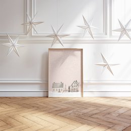 Scandinavian houses poster, winter landscape poster, Christmas poster, pink Christmas poster, Santa poster, Christmas print, Pink Christmas
