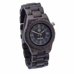"A dark-colored wooden watch with a round face and Roman numeral hour markers. The watch has a simple, minimalist design and appears to be made of a durable, high-quality material."