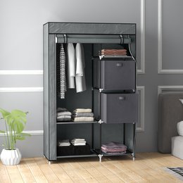 Fabric closet wardrobe foldable cabinet, 1 clothes rail, 6 shelves, 102 x 42.5 x 162.5 cm, gray