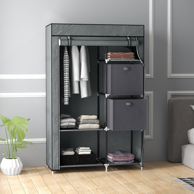 Fabric closet wardrobe foldable cabinet, 1 clothes rail, 6 shelves, 102 x 42.5 x 162.5 cm, gray