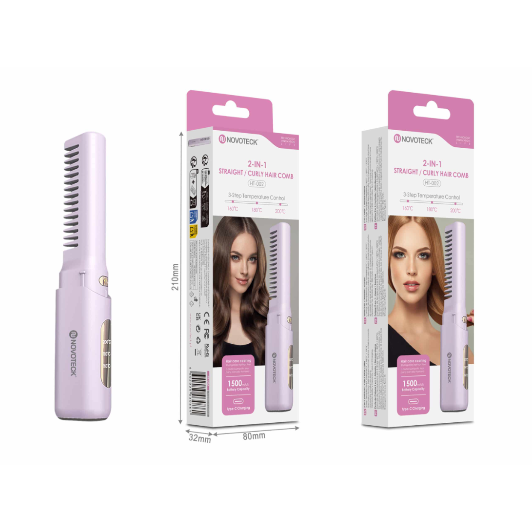 NOVOTECK HT-002 Cepillo para alisar y peinar el cabello 2 en 1 - Recargable, 3 configuraciones de temperatura, 1500 mAh, carga USB-C
