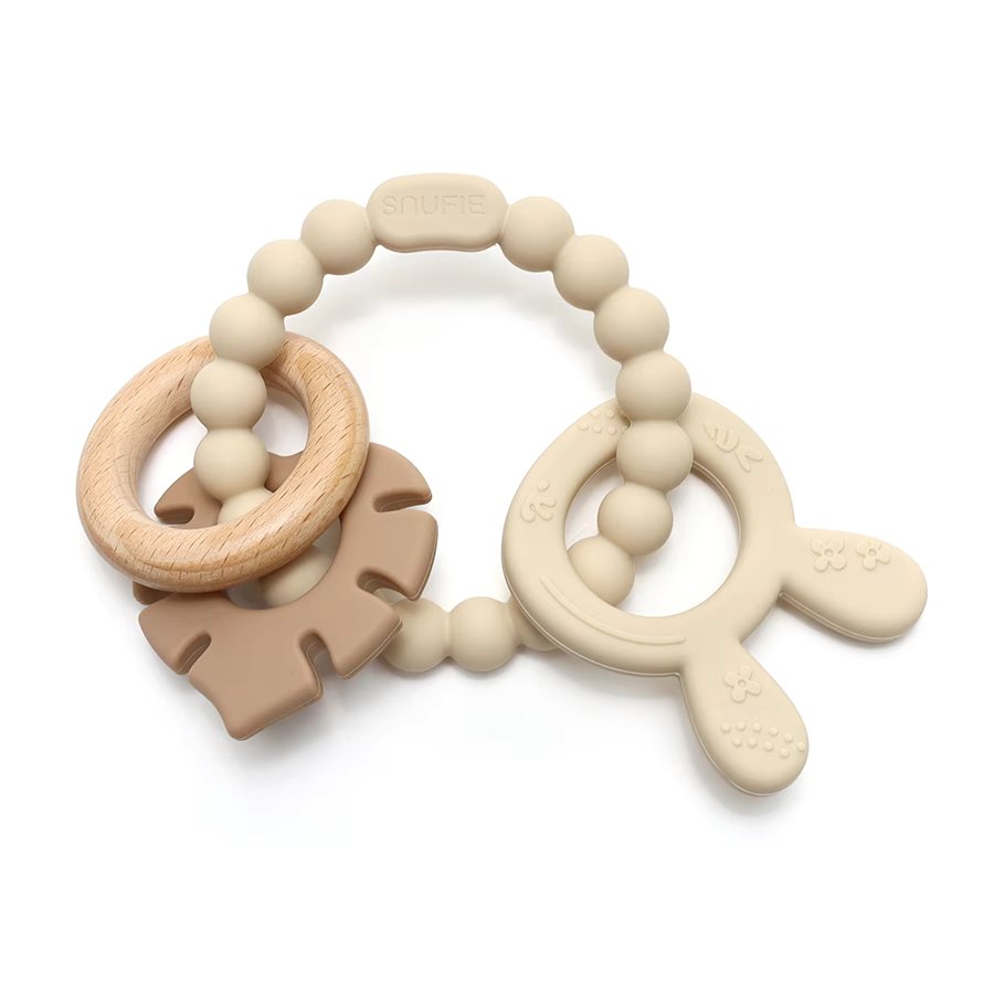 Soft & Hard | Bunny & Leaf RATTLE Wood & Silicone Teether | Sand & Khaki