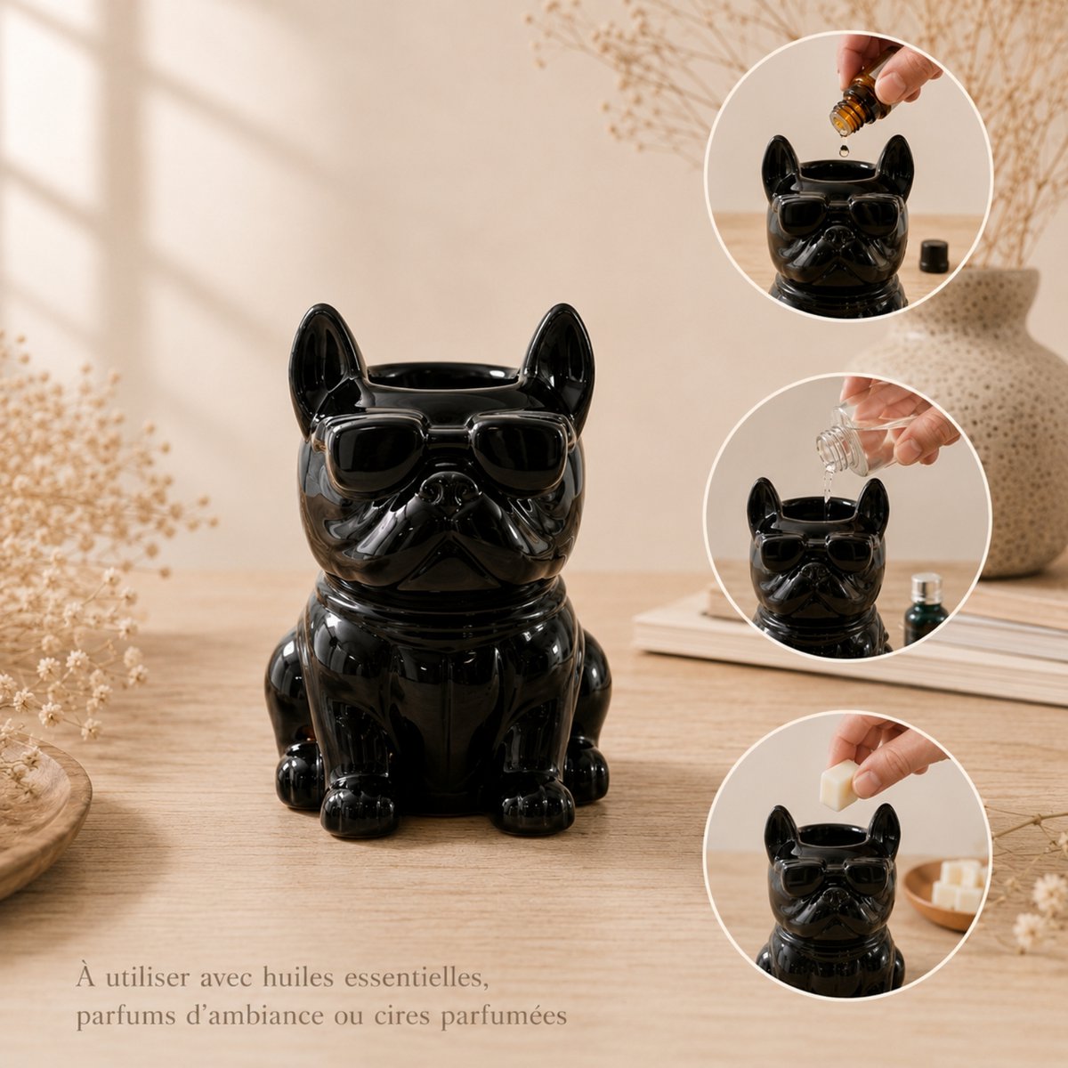 Brûle Parfum Céramy Boubou Noir – Bougeoir Animaux en Céramique Laquée – Diffuseur Fondants Cires Parfumées, Huiles Essentielles, Senteurs – Idée Cadeau Déco