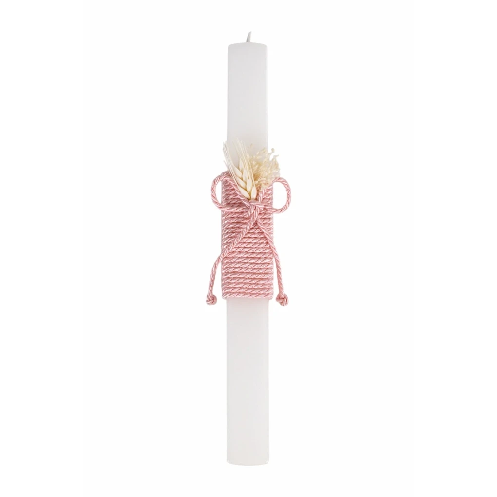 Bougie de baptême avec cordon rose et fleurs