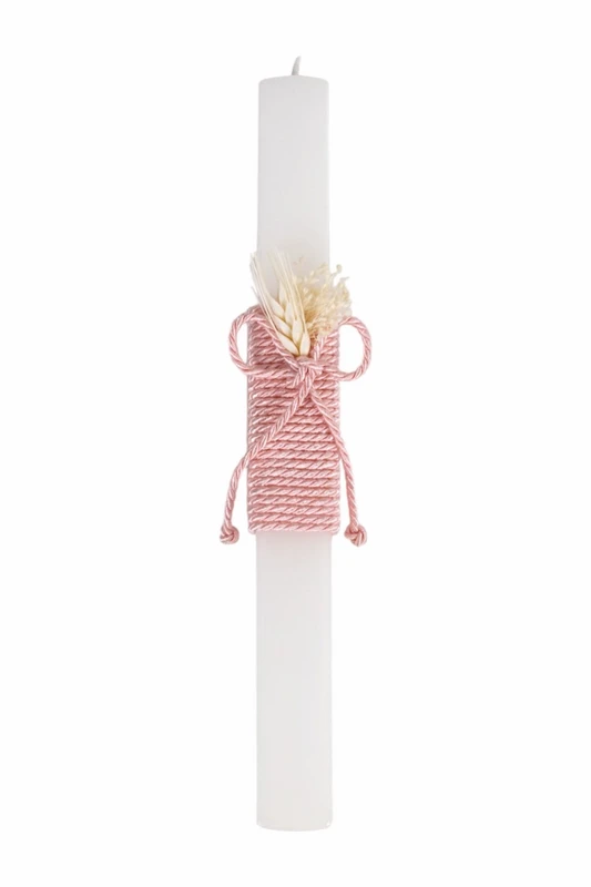 Bougie de baptême avec cordon rose et fleurs