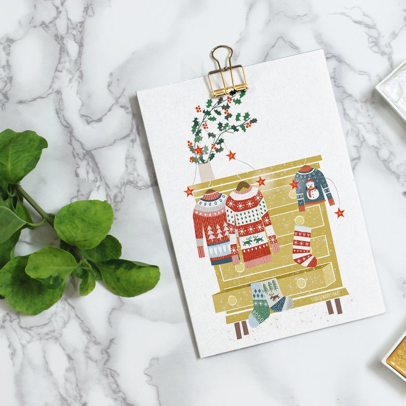 Postkarte 'Weihnachtsfrühstück (mit Katze)'