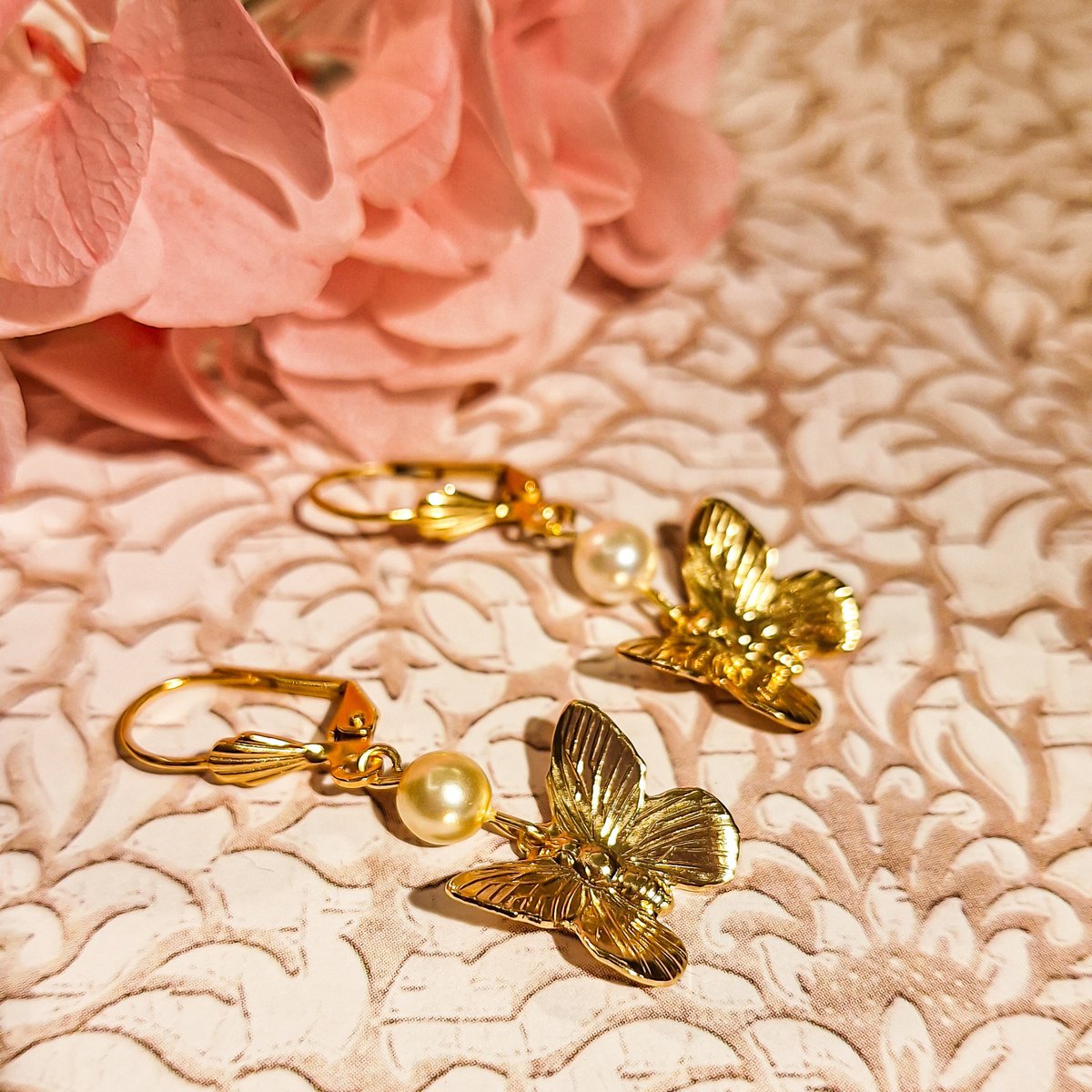 Swarovski pearl curls Tapillon Creoles Palm Flower Palm Flower Golden Brass 24K Mother's Day Gift Mother Gift