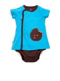 Blue zip-up baby dress with a cookie bite applique pocket and brown trim. Available in sizes 0-3 months, 3-6 months, 6-9 months, and 9-12 months.