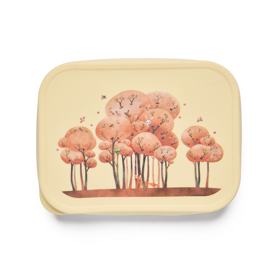Jenard® Brotdose für Kinder, Edelstahl mit Silikondeckel, inkl. Trennfach, Creme / Wald mit Tiere