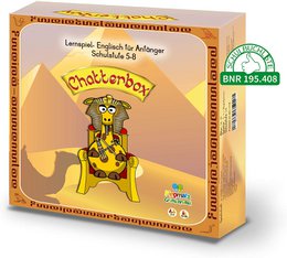 "Chatterbox - English learning game for children and adults. Includes 132 picture cards, 5 theme cards, 20 question cards, 10 game pieces, 4 dice, and 1 game board. Designed to help users learn English through interactive gameplay."