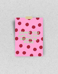 Pink postcard with burgundy polka dots, "Sorry you had to eat hospital food" text, greeting card.