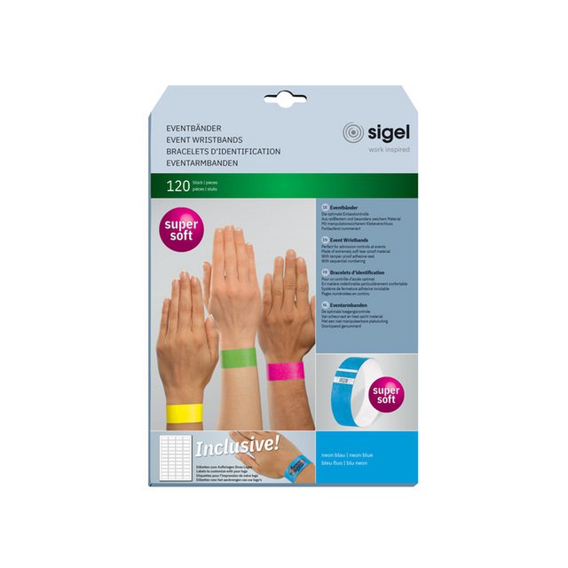 Braccialetti per eventi Sigel super soft 255x25mm blu neon 120 pz. incl. etichette