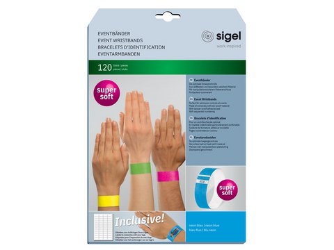 Event wristbands Sigel super soft 255x25mm neon blue 120 pcs. incl. labels