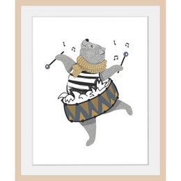 Colorful illustration of a drumming bear in a striped outfit, suitable for a kids room poster.