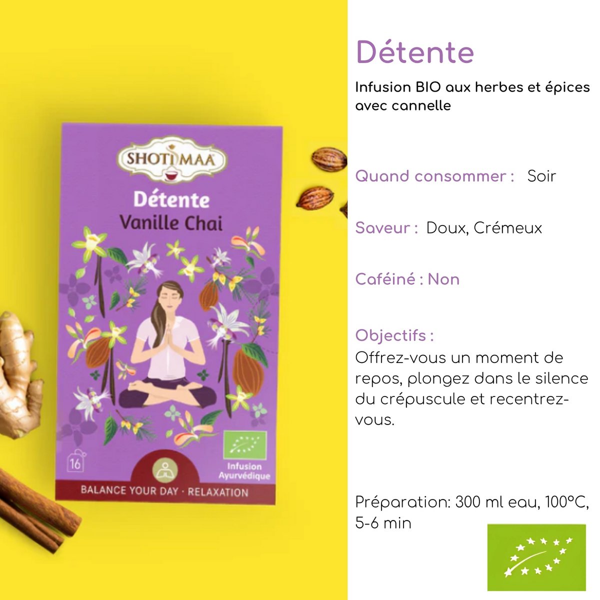 Entspannender Bio-Kräutertee – natürliche Aufgüsse, Chai-Vanille, idealer Abend mit faszinierenden Aromen – süßer und cremiger Geschmack – koffeinfrei