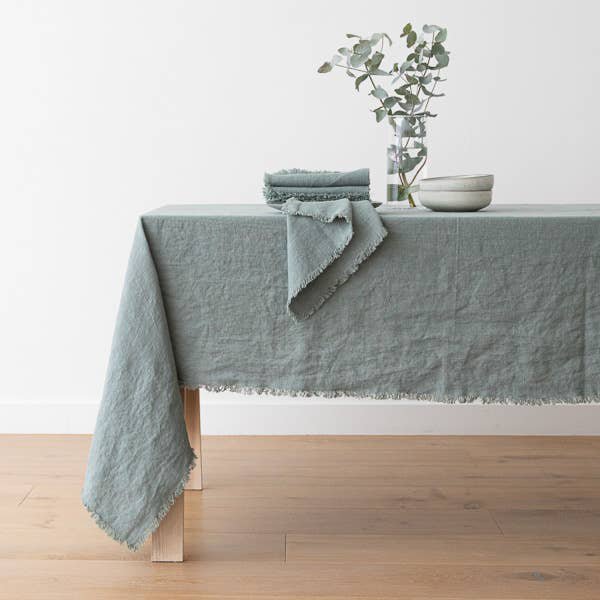 Linen Tablecloth Spa Green Terra Fringe