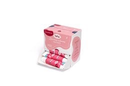 Raspberry-flavored pearly lip balm in a bulk packaging. Moisturizing and nourishing formula with a shimmery finish.