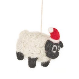 Handmade felt biodegradable Christmas black sheep tree hanging decoration. Soft, fluffy white sheep ornament with black accents and a red Santa hat.