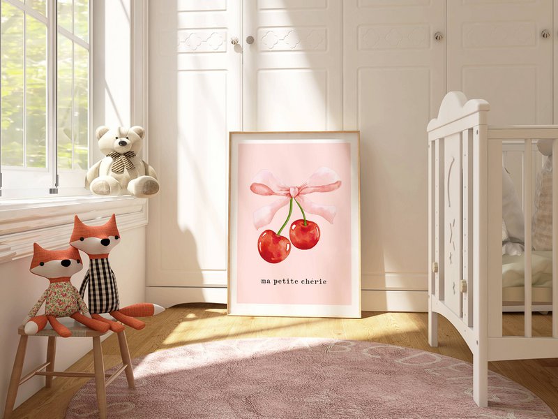 Ma petite cherie print, ma cherie poster, cherry poster, bow poster, Coquette print, pink girls room poster, girls nursery poster 