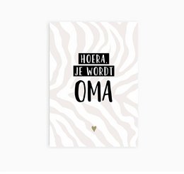 Postcard with the text "Hooray you're going to be a grandma" and the German word "Oma" meaning "Grandma" in a stylized design.