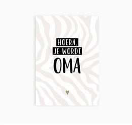Postcard with the text "Hooray you're going to be a grandma" and the German word "Oma" meaning "Grandma" in a stylized design.
