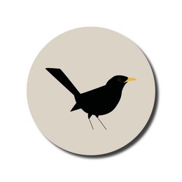 A round, minimalist wall circle decoration featuring a silhouette of a black bird against a light beige background.