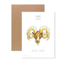 A greeting card featuring a ram's head with floral accents. The card has a minimalist, nature-inspired design with a neutral color palette.