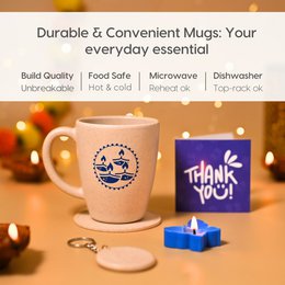 Cesti regalo Ecofy Earth Friendly Diwali | Tazza stampata Diya, sottobicchiere, portachiavi, candela, sacchetto regalo, biglietto